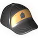 Minifig Cap, Curved Bill with Seams and Button on Top and Gold with Black Minifig Head Print