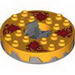 Turntable 6 x 6 Round Flat Silver Base Serrated with Medium Orange Top with Hollow Studs and Red Faces with Red Flames Print (Ninjago Spinner)