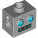 Minifig Head Robot with Blue Eyes and Red/Yellow Teeth Display