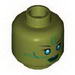 Minifig Head Alien with Blue Eyes, Green Markings and Dark Green Lips Print (SW Jedi Consular) [Hollow Stud]