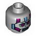 Minifig Head Alien with Robot Magenta Eyes, Silver Mouth, Medium Blue Line and Metal Plates Print [Hollow Stud]